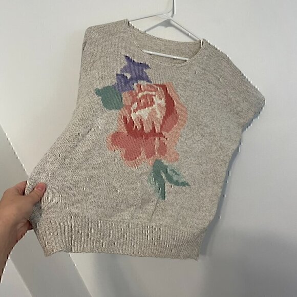 VINTAGE KORET Cream Beige Floral Short Dolman Sleeve Linen Cotton Sweater PETITE - Picture 8 of 11